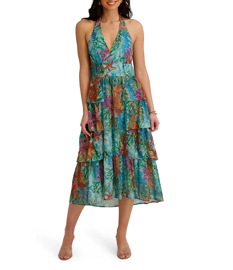 SIENA Printed Tiered V Halter Neck Midi Dress