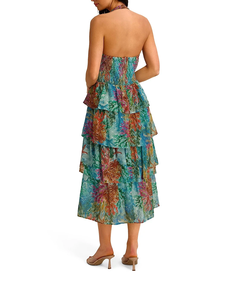 SIENA Printed Tiered V Halter Neck Midi Dress
