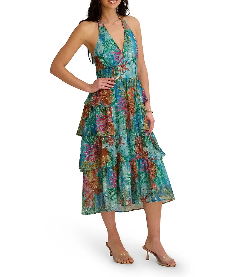 SIENA Printed Tiered V Halter Neck Midi Dress