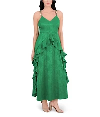 SIENA Satin Jacquard V Neck Sleeveless Chain Straps Ruffle A-Line Maxi Dress