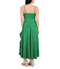 SIENA Satin Jacquard V Neck Sleeveless Chain Straps Ruffle A-Line Maxi Dress