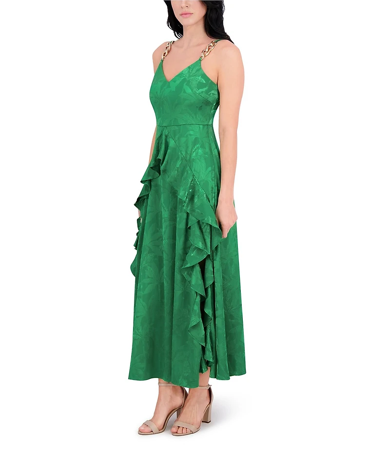 SIENA Satin Jacquard V Neck Sleeveless Chain Straps Ruffle A-Line Maxi Dress