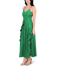SIENA Satin Jacquard V Neck Sleeveless Chain Straps Ruffle A-Line Maxi Dress