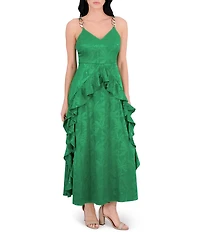 SIENA Satin Jacquard V Neck Sleeveless Chain Straps Ruffle A-Line Maxi Dress