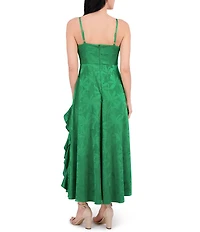 SIENA Satin Jacquard V Neck Sleeveless Chain Straps Ruffle A-Line Maxi Dress