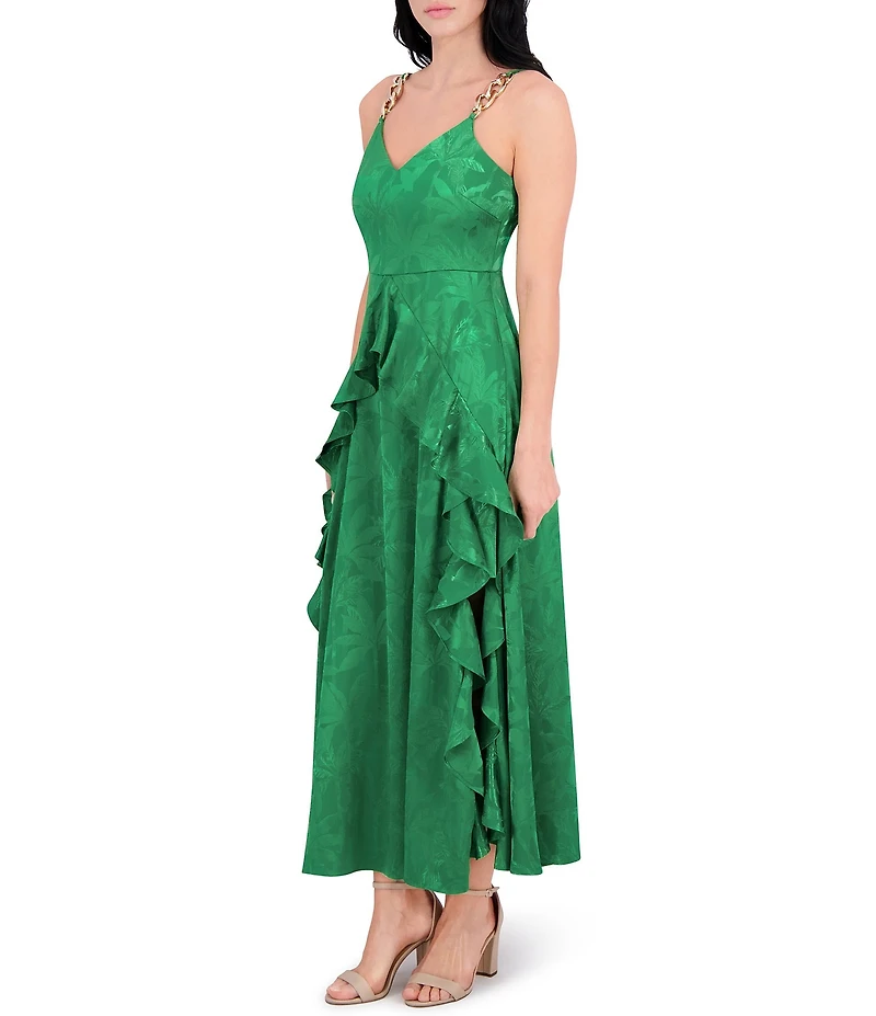 SIENA Satin Jacquard V Neck Sleeveless Chain Straps Ruffle A-Line Maxi Dress