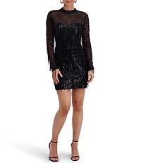 SIENA Sequin Fringe Mesh Mock Neck Mini Dress