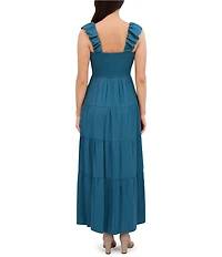 SIENA Shirred V-neck Sleeveless Smocked Top Woven Tiered Maxi Dress