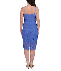 SIENA Solid Heavy Lace Knit V-Neck Sleeveless Spaghetti Straps Sheath Dress