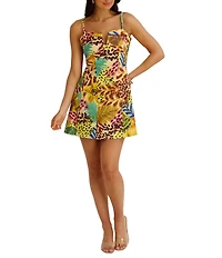 SIENA Split V-Neck Sleeveless Tropical Animal Print A-Line Mini Dress