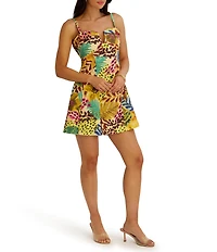 SIENA Split V-Neck Sleeveless Tropical Animal Print A-Line Mini Dress