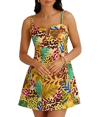 SIENA Split V-Neck Sleeveless Tropical Animal Print A-Line Mini Dress
