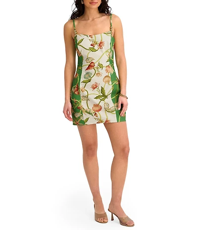 SIENA Square Neck Hardware Strap Seashell Print Sheath Mini Dress