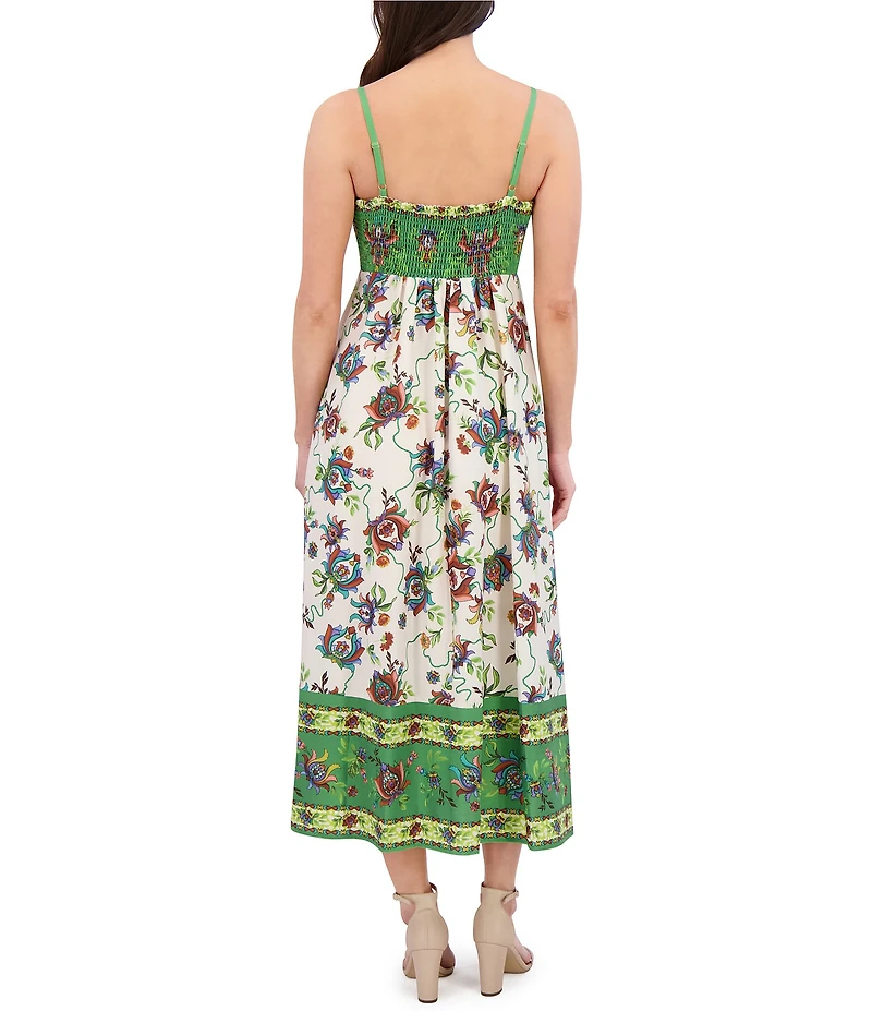 SIENA Square Neck Sleeveless Floral Print Woven Smocked Back Midi Dress