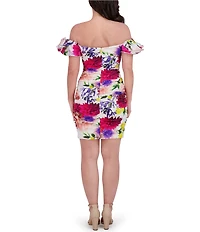 SIENA Stretch Cotton Floral Print Sweetheart Neck Short Puff Sleeve Ruched Sheath Mini Dress