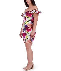 SIENA Stretch Cotton Floral Print Sweetheart Neck Short Puff Sleeve Ruched Sheath Mini Dress