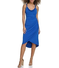 SIENA Stretch Cowl Neck Chain Strap Faux Wrap Dress