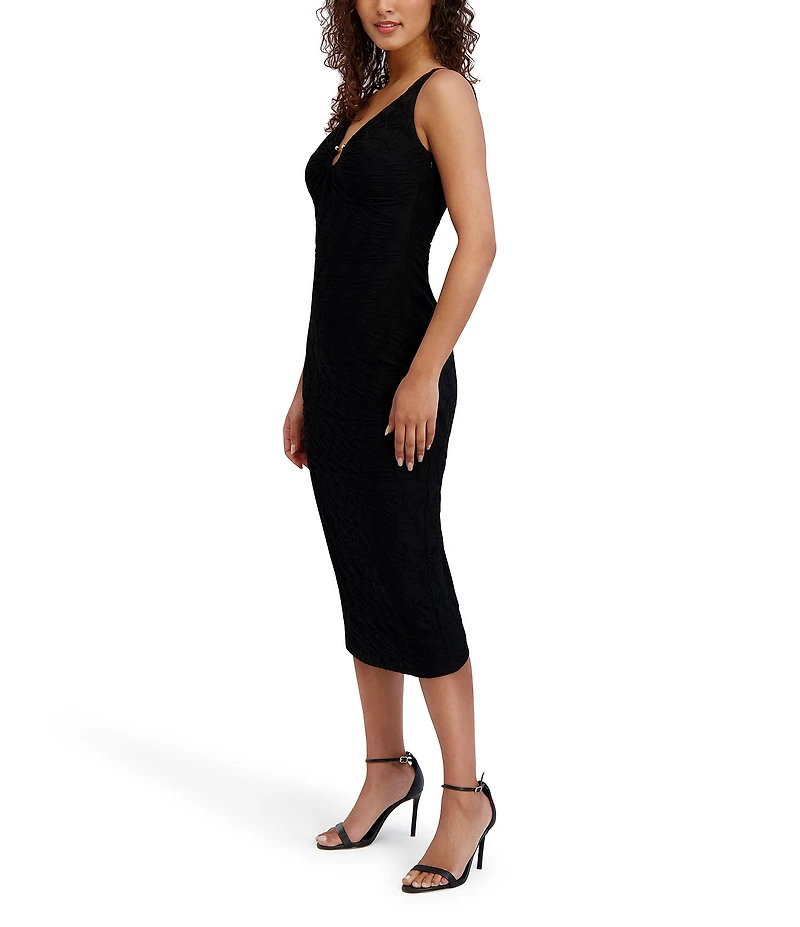 SIENA Texture Knit V-Neck Sleeveless Hardware Sheath Dress