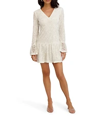 SIENA V-Neck Illusion Long Bell Sleeve Drop Waist 3D Flower Sequin Mesh Dress