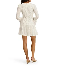 SIENA V-Neck Illusion Long Bell Sleeve Drop Waist 3D Flower Sequin Mesh Dress