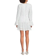 SIENA V-Neck Illusion Long Bell Sleeve Drop Waist 3D Flower Sequin Mesh Dress