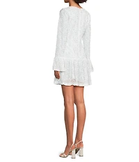 SIENA V-Neck Illusion Long Bell Sleeve Drop Waist 3D Flower Sequin Mesh Dress