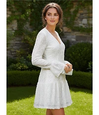 SIENA V-Neck Illusion Long Bell Sleeve Drop Waist 3D Flower Sequin Mesh Dress