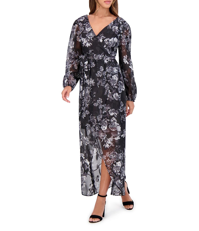 SIENA V-Neck Long Sleeves Floral Print Chiffon Faux Wrap Midi Dress