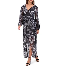 SIENA V-Neck Long Sleeves Floral Print Chiffon Faux Wrap Midi Dress