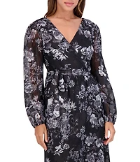 SIENA V-Neck Long Sleeves Floral Print Chiffon Faux Wrap Midi Dress