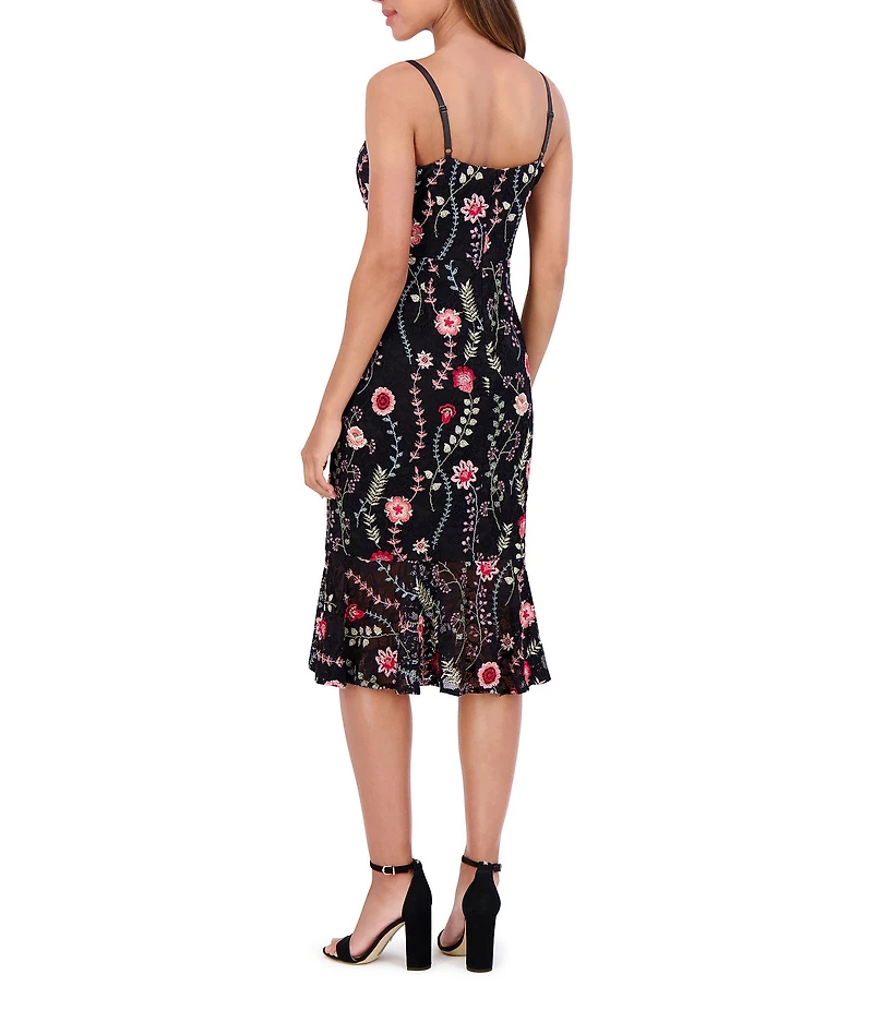 SIENA V-Neck Spaghetti Strap Floral Embroidered Lace Sheath Ruffle Hem Midi Dress