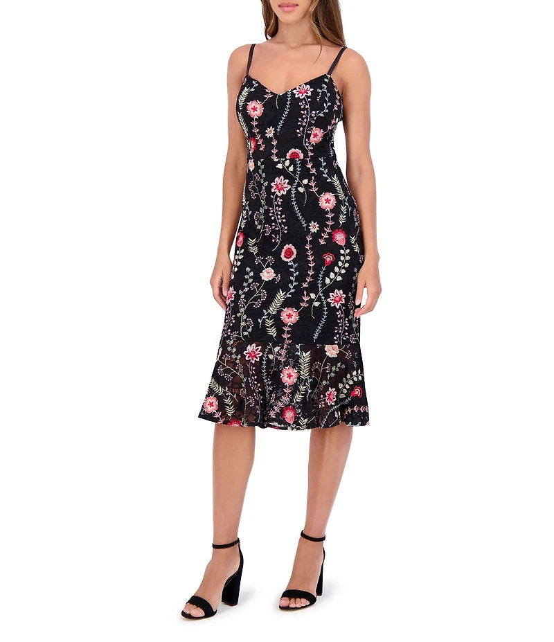 SIENA V-Neck Spaghetti Strap Floral Embroidered Lace Sheath Ruffle Hem Midi Dress