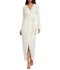 SIENA Woven Long Sleeve V-Neck Pleated A-Line Faux Wrap Midi Dress