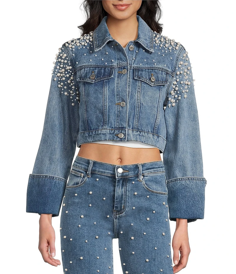 Signature 8 Cropped Pearl Long Sleeve Jean Jacket