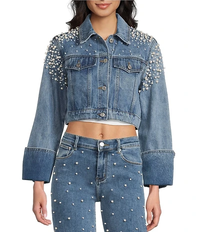 Signature 8 Cropped Pearl Long Sleeve Jean Jacket