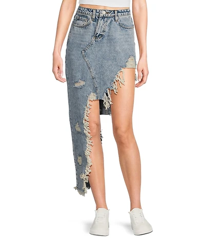 Signature 8 High-Low Fringed Distressed Denim Skirt