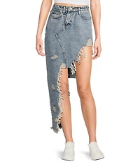 Signature 8 High-Low Fringed Distressed Denim Skirt