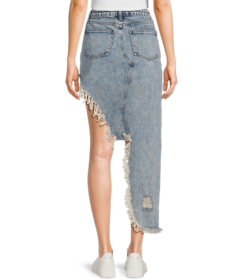 Signature 8 High-Low Fringed Distressed Denim Skirt