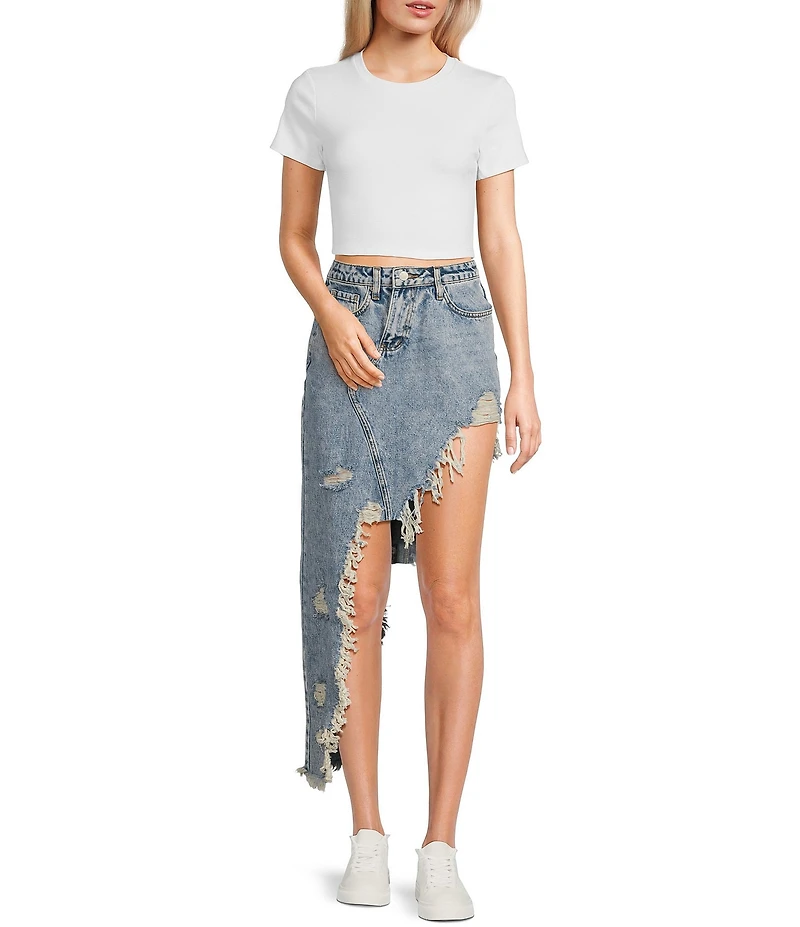 Signature 8 High-Low Fringed Distressed Denim Skirt