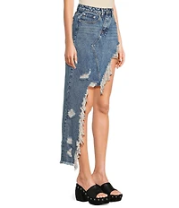 Signature 8 High-Low Fringed Distressed Denim Skirt