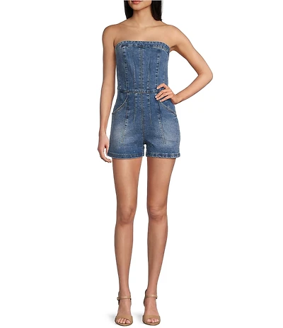 Signature 8 Strapless Denim Rhinestone Romper