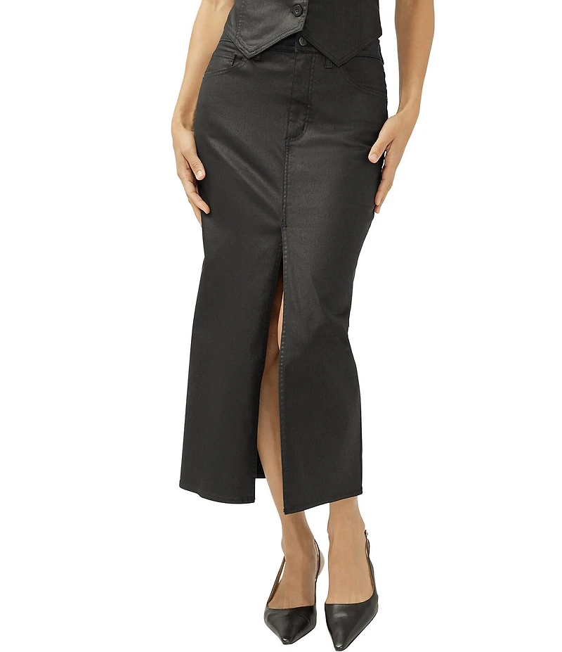 Silver Jeans Co. Coated High Rise Front Slit 5-Pocket Midi Skirt