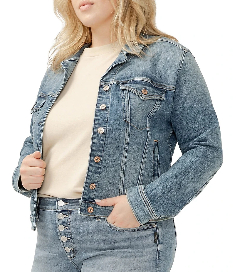 Silver Jeans Co. Plus Size Denim Notch Collar Long Sleeve Button Front Crop Jacket