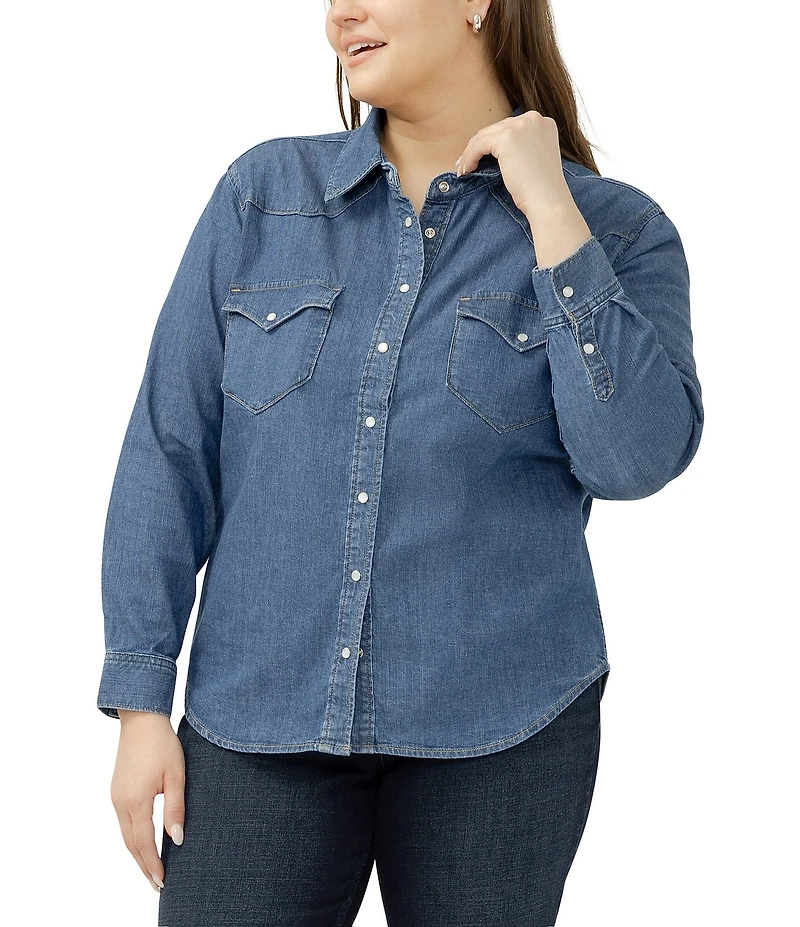 Silver Jeans Co. Plus Size Point Collar Long Sleeve Snap Front Button Denim Shirt