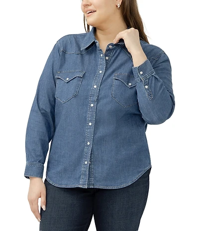 Silver Jeans Co. Plus Size Point Collar Long Sleeve Snap Front Button Denim Shirt