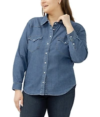 Silver Jeans Co. Plus Size Point Collar Long Sleeve Snap Front Button Denim Shirt