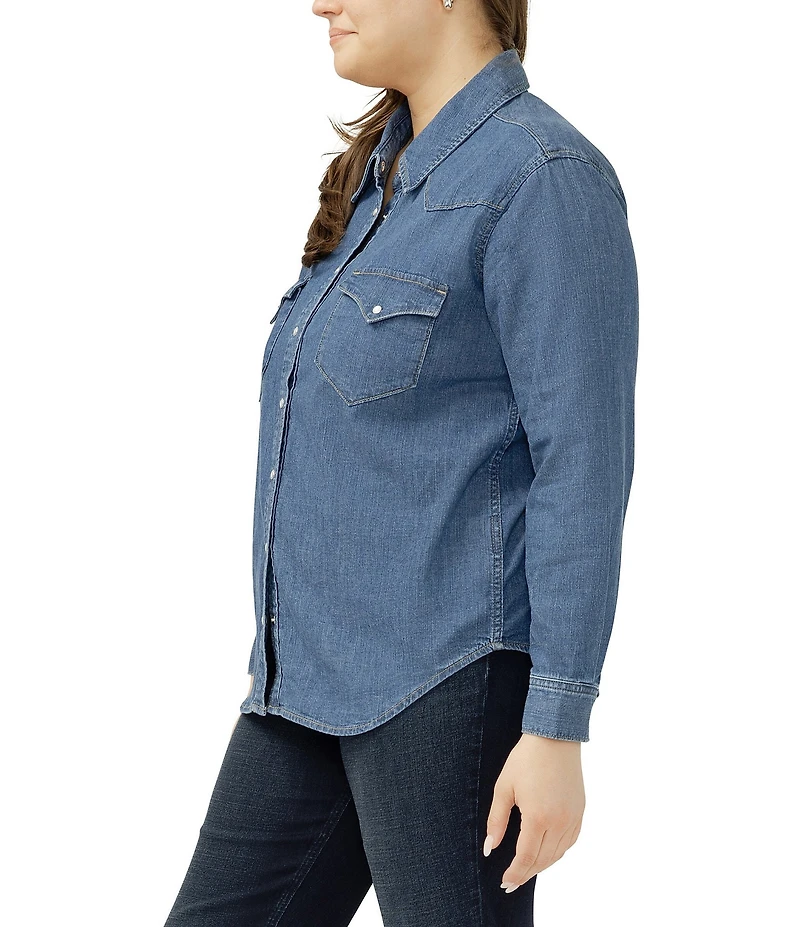 Silver Jeans Co. Plus Size Point Collar Long Sleeve Snap Front Button Denim Shirt