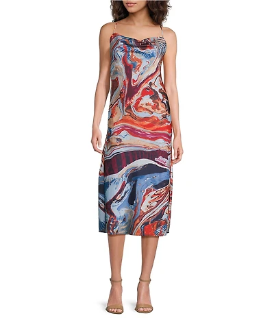 Skies Are Blue Abstract Print Cowl Neck Sleeveless Midi Slip Dress