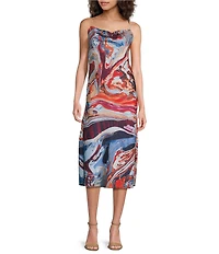 Skies Are Blue Abstract Print Cowl Neck Sleeveless Midi Slip Dress