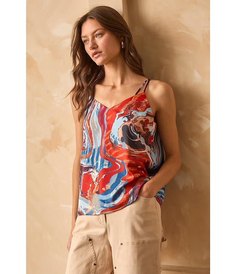 Skies Are Blue Abstract Print Double Strap Sleeveless Sweetheart Neckline Cami